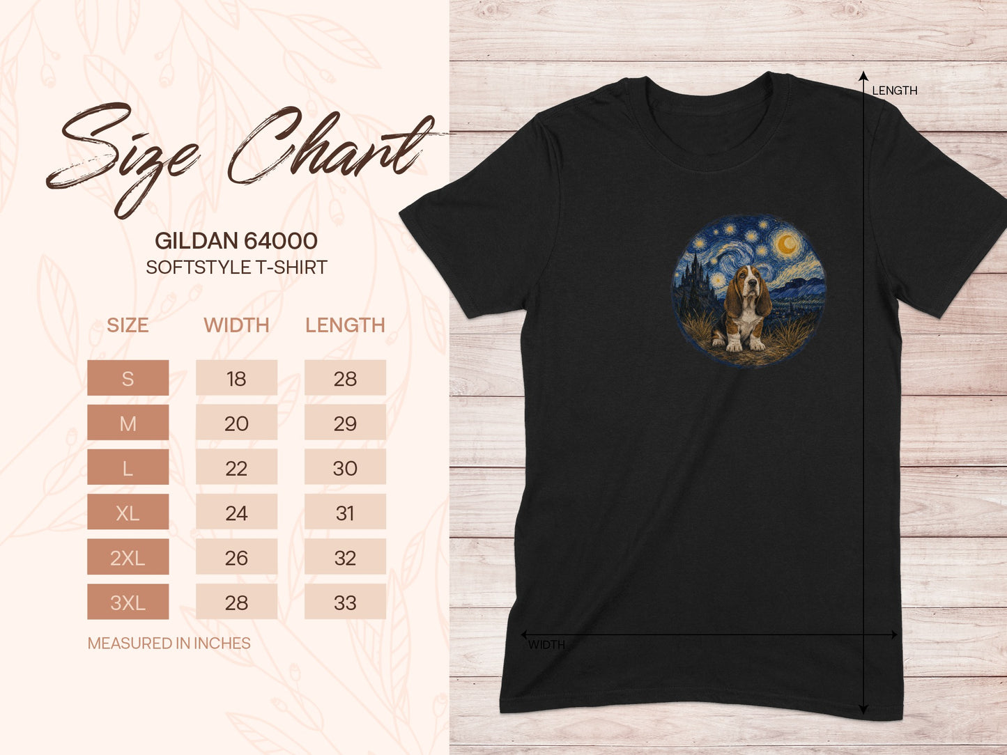 Gildan 64000 softstyle t-shirt size chart with dog graphic.