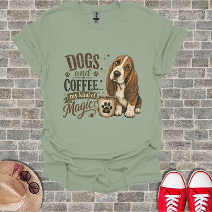 Basset hound next to coffee cup with "Dogs and coffee my kind of magic" text.