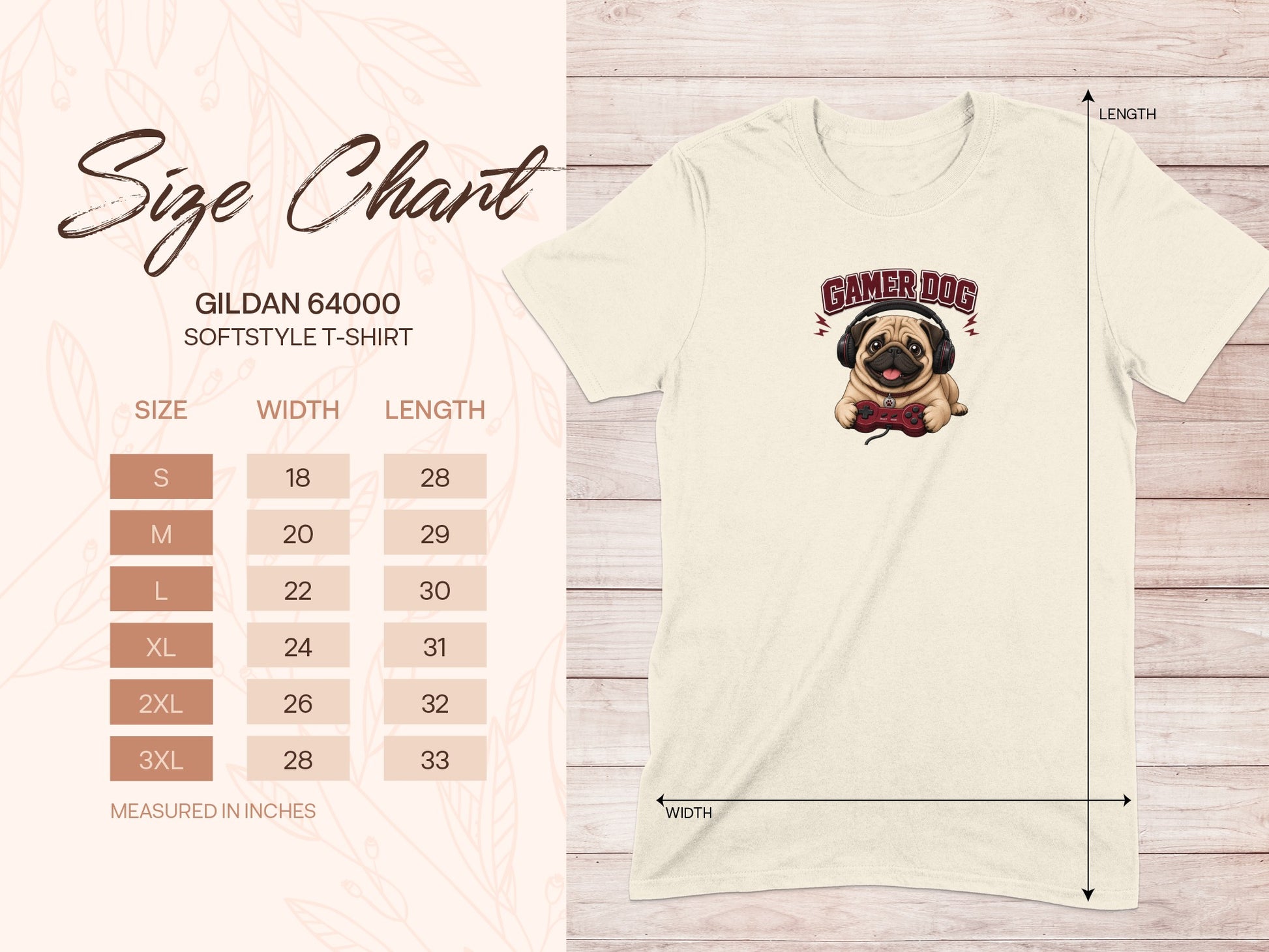 Gildan 64000 size chart for Gamer Dog t-shirt, listing sizes S-3XL.