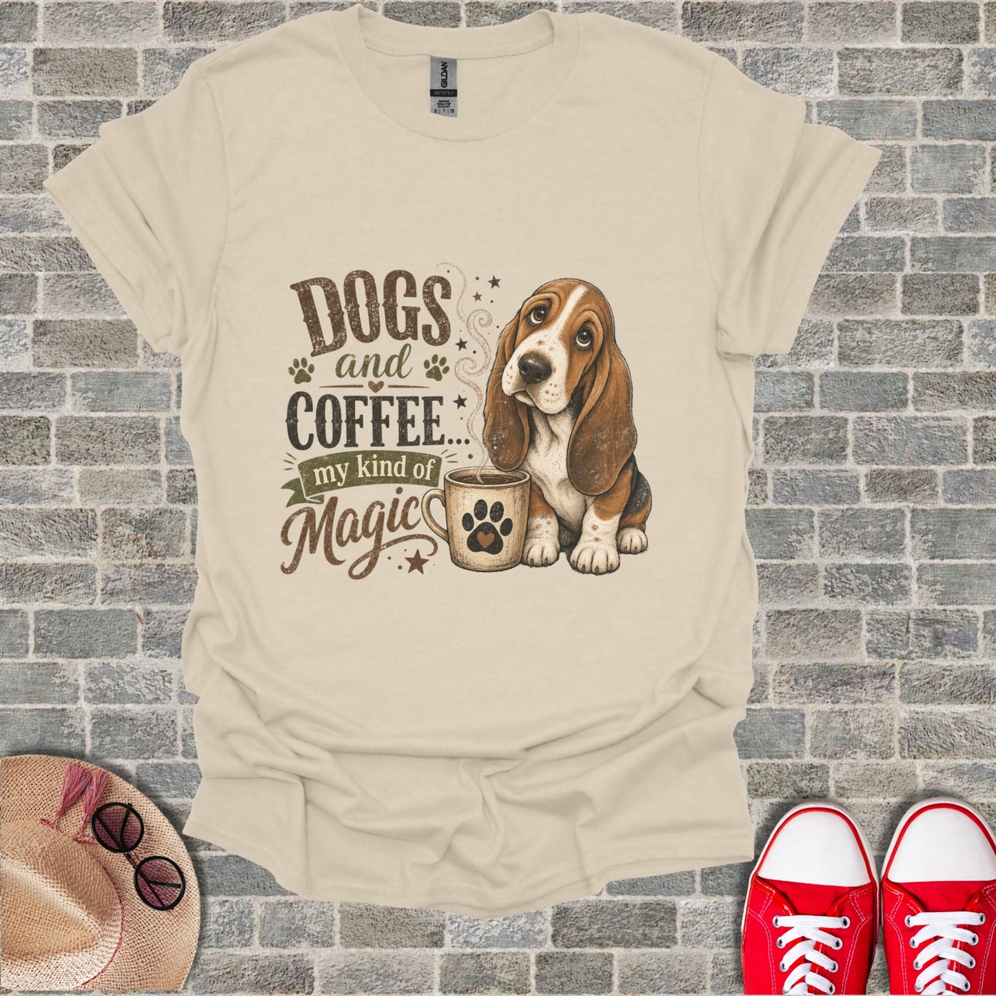 Basset hound with coffee mug, text "Dogs and Coffee... my kind of Magic."