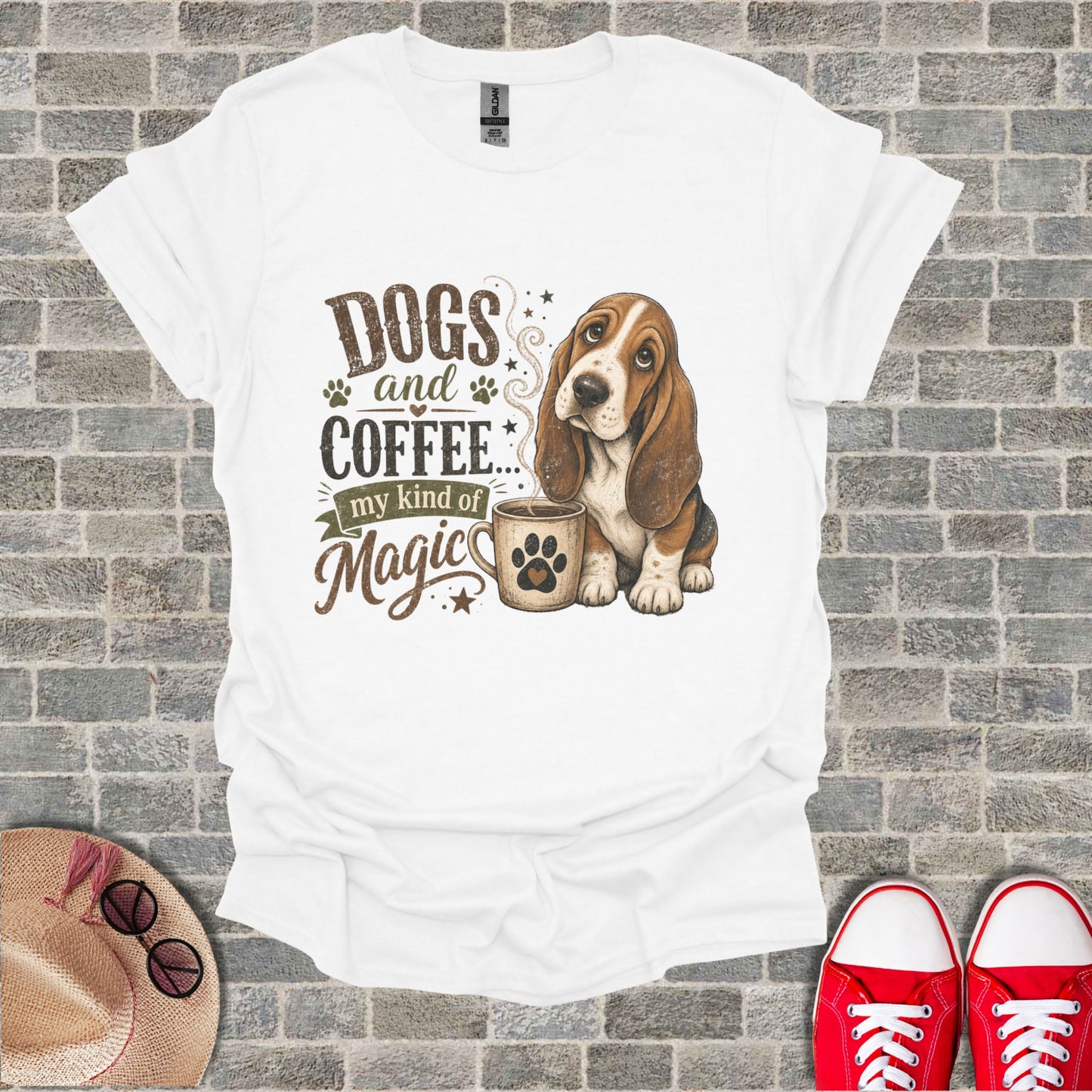 Basset hound with "Dogs and Coffee... my kind of Magic" text.