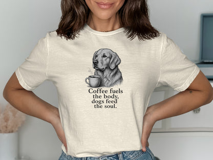 T-shirt with black and white sketch of a dog and coffee cup, and text.