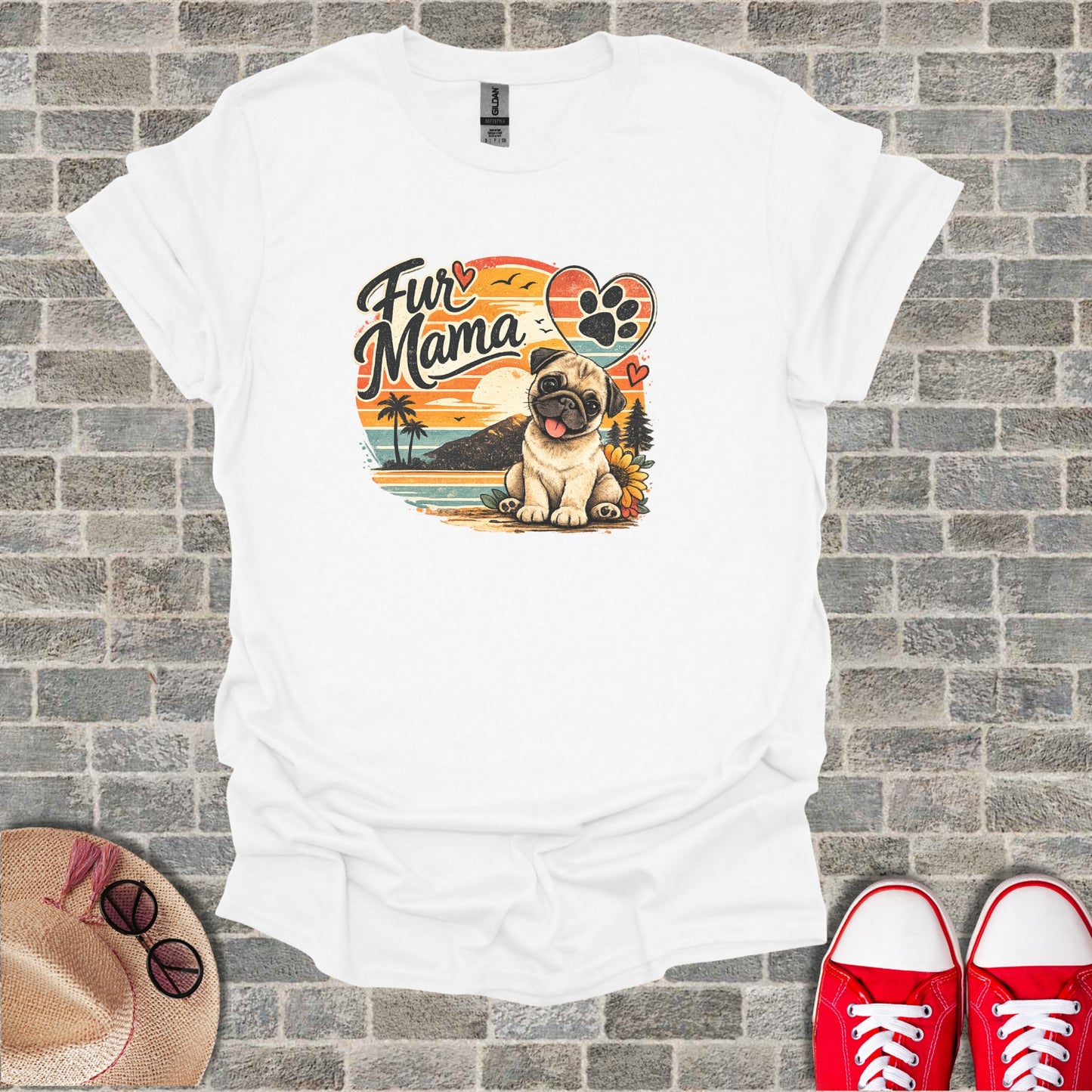 Happy Pug Dog Fur Mama Paw Print Sunset Beach product type