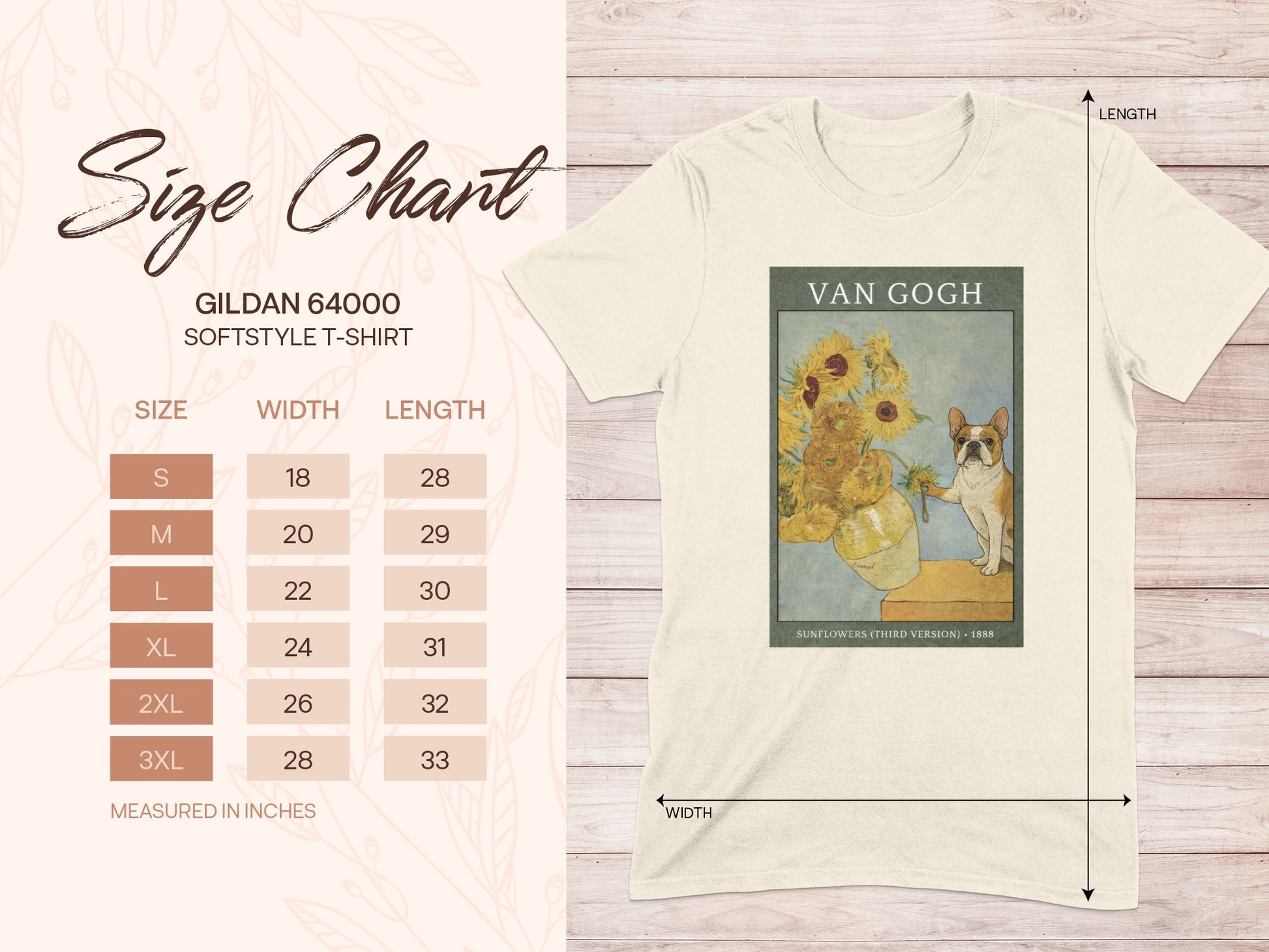 Gildan 64000 size chart for softstyle t-shirts with Van Gogh's Sunflowers artwork.
