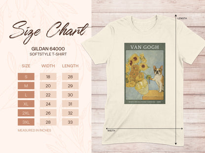 Gildan 64000 size chart for softstyle t-shirts with Van Gogh's Sunflowers artwork.