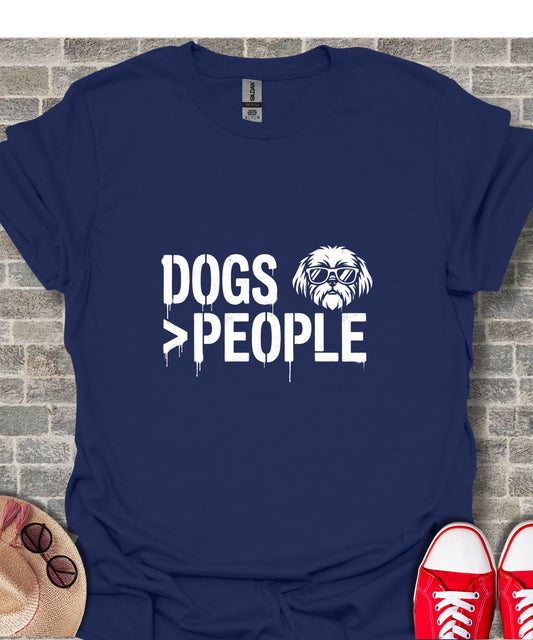 Navy t-shirt with "DOGS > PEOPLE" and sunglasses-wearing dog graphic.