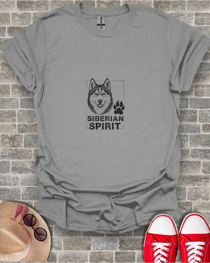 T-shirt with Siberian Husky and paw print graphic, text "Siberian Spirit".