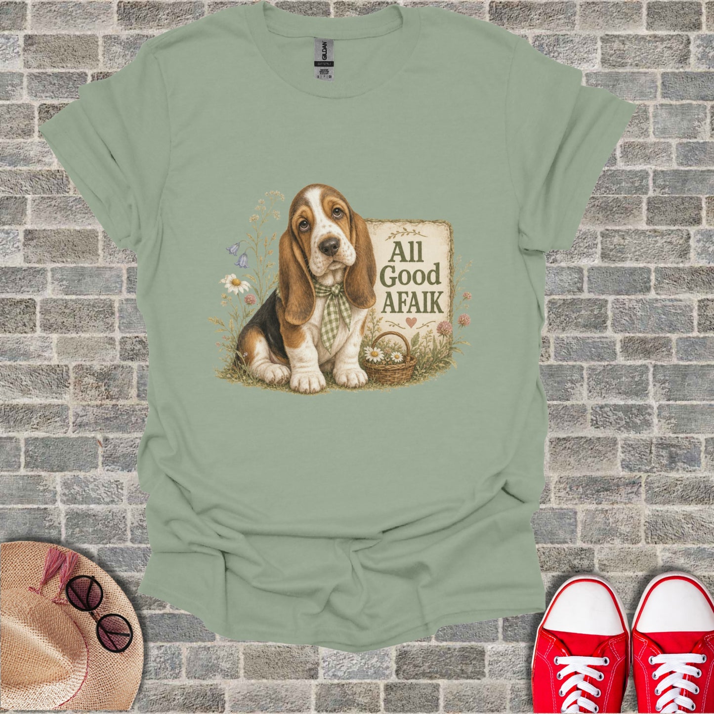 Basset hound sitting with a basket of flowers, "All Good Afaik" text.