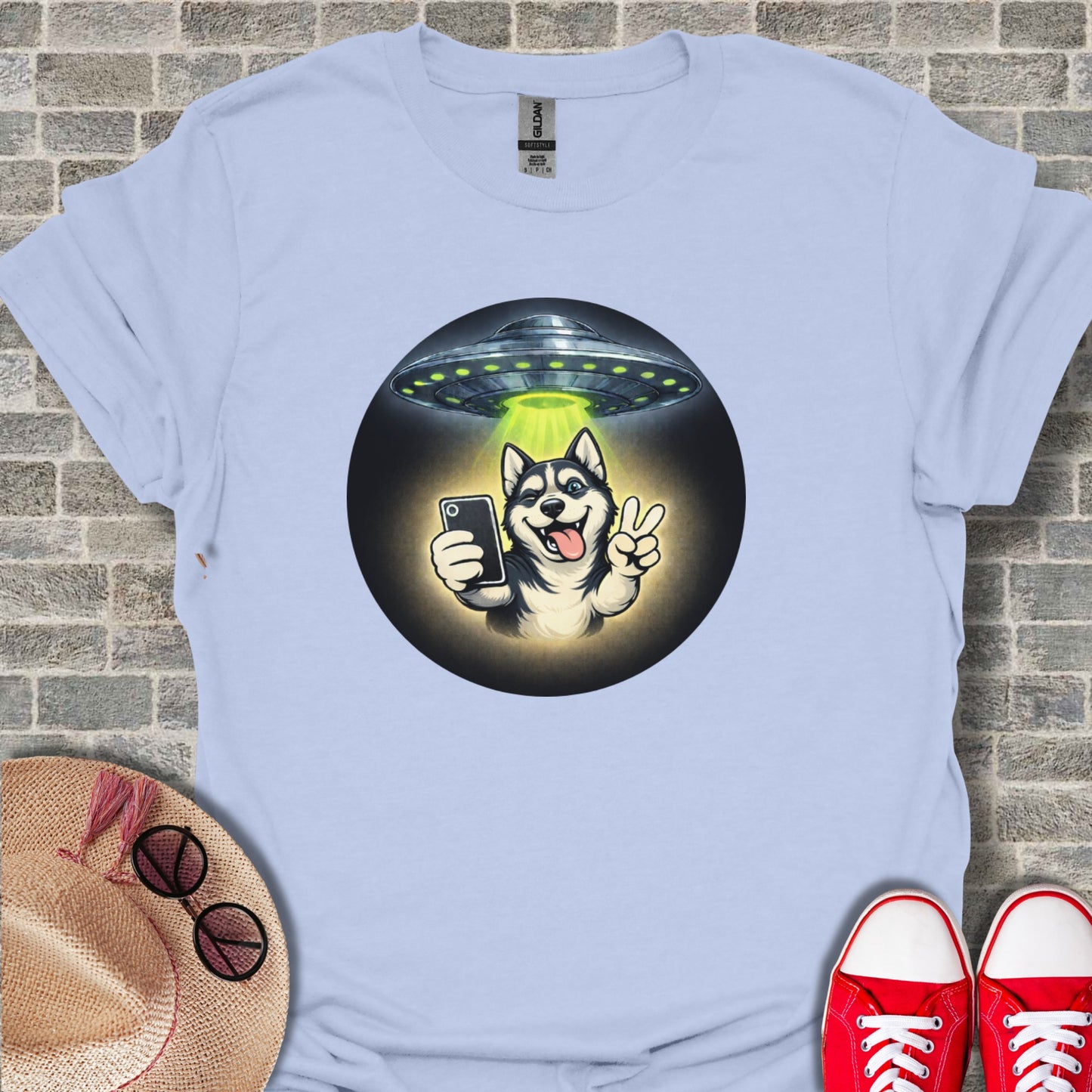 Husky Dog Selfie with UFO Graphic Tee Shirt