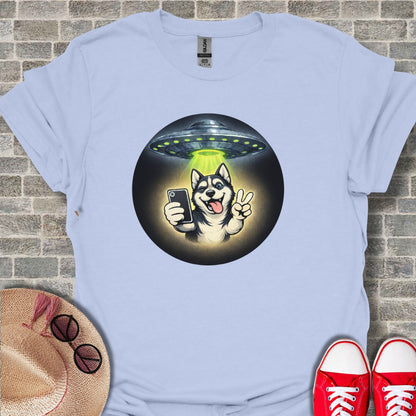 Husky Dog Selfie with UFO Graphic Tee Shirt