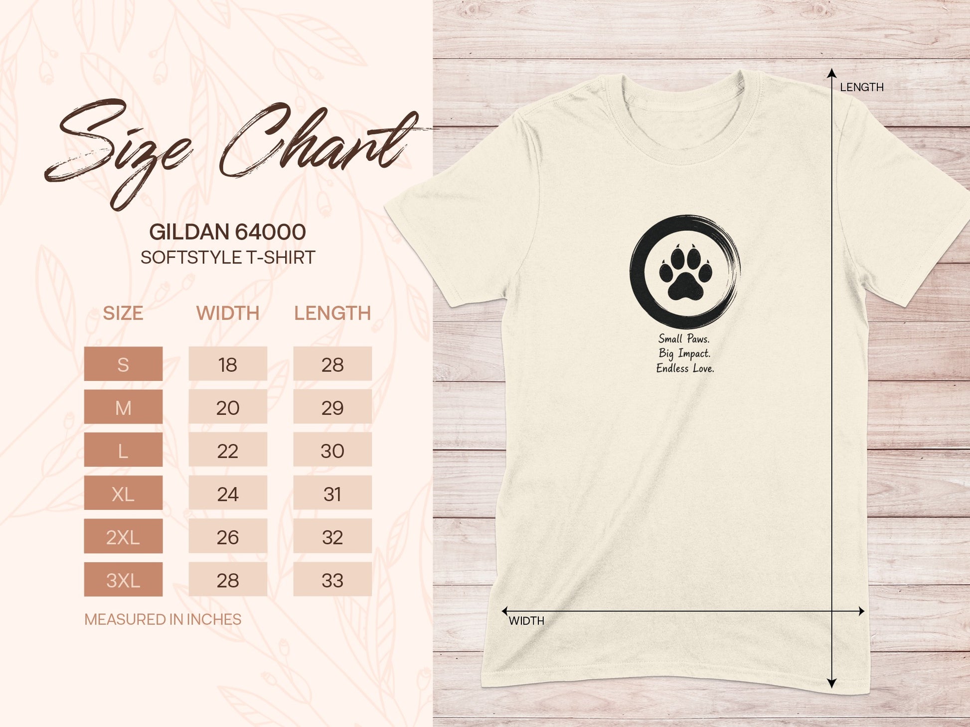 Gildan 64000 softstyle t-shirt size chart with measurements.