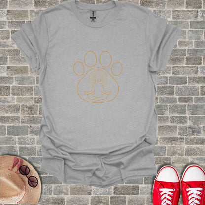 Gray t-shirt with orange paw print yoga silhouette design.
