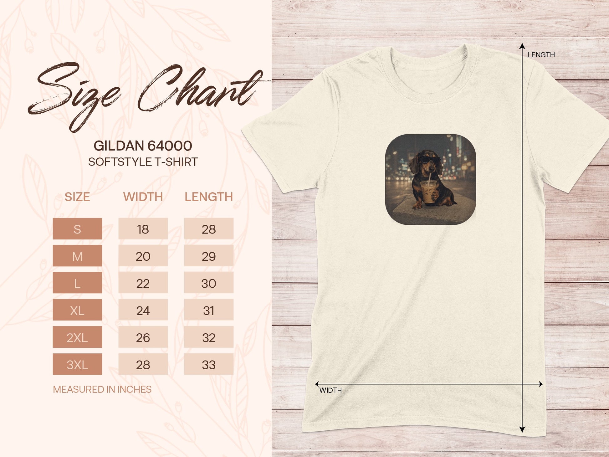 Gildan 64000 Softstyle T-shirt size chart with width and length measurements in inches.