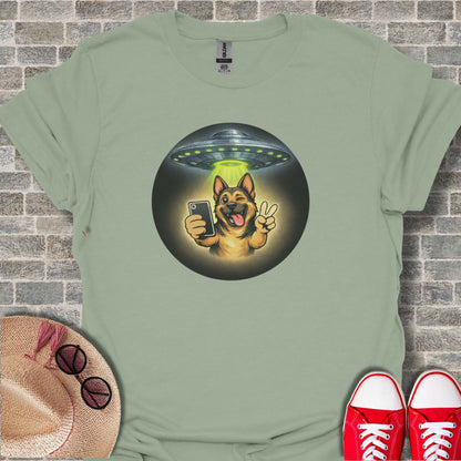 Funny Dog Selfie with UFO Light Graphic Tee Shirt