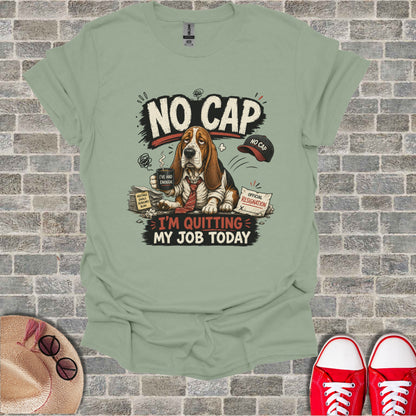 Dog wearing a tie and hat, holding coffee, with resignation text.