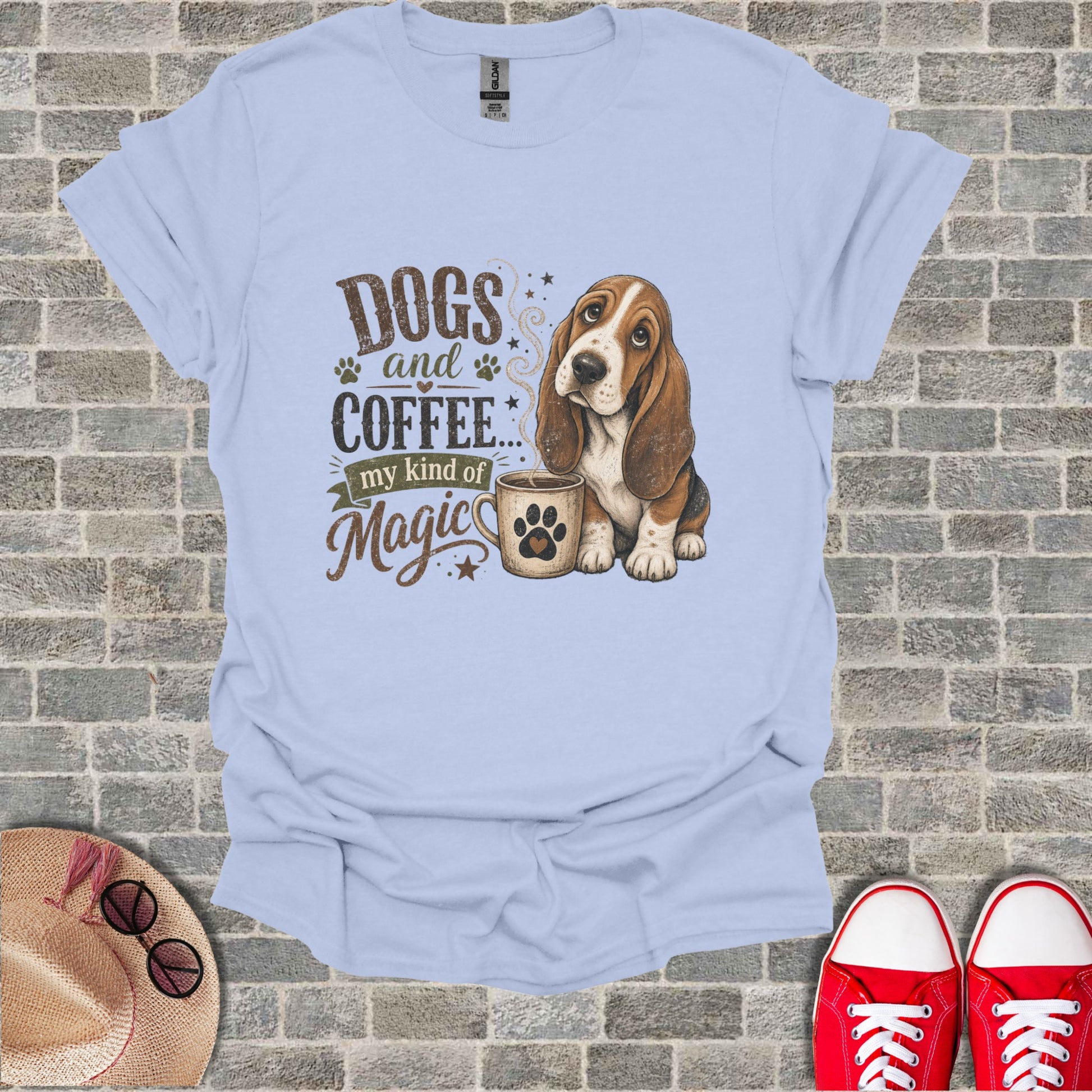 Basset hound with coffee mug and "Dogs and coffee my kind of magic" text.