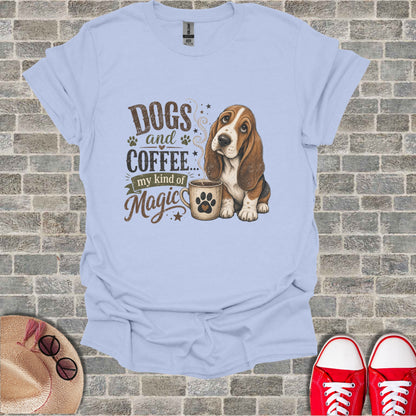 Basset hound with coffee mug and "Dogs and coffee my kind of magic" text.
