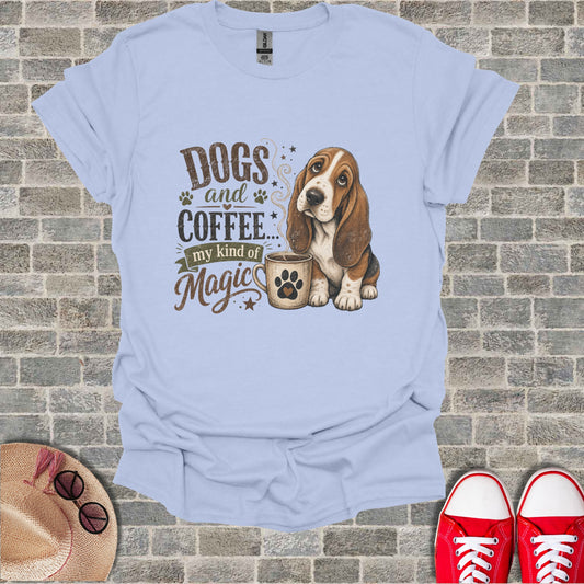 Basset hound with coffee mug and "Dogs and coffee my kind of magic" text.