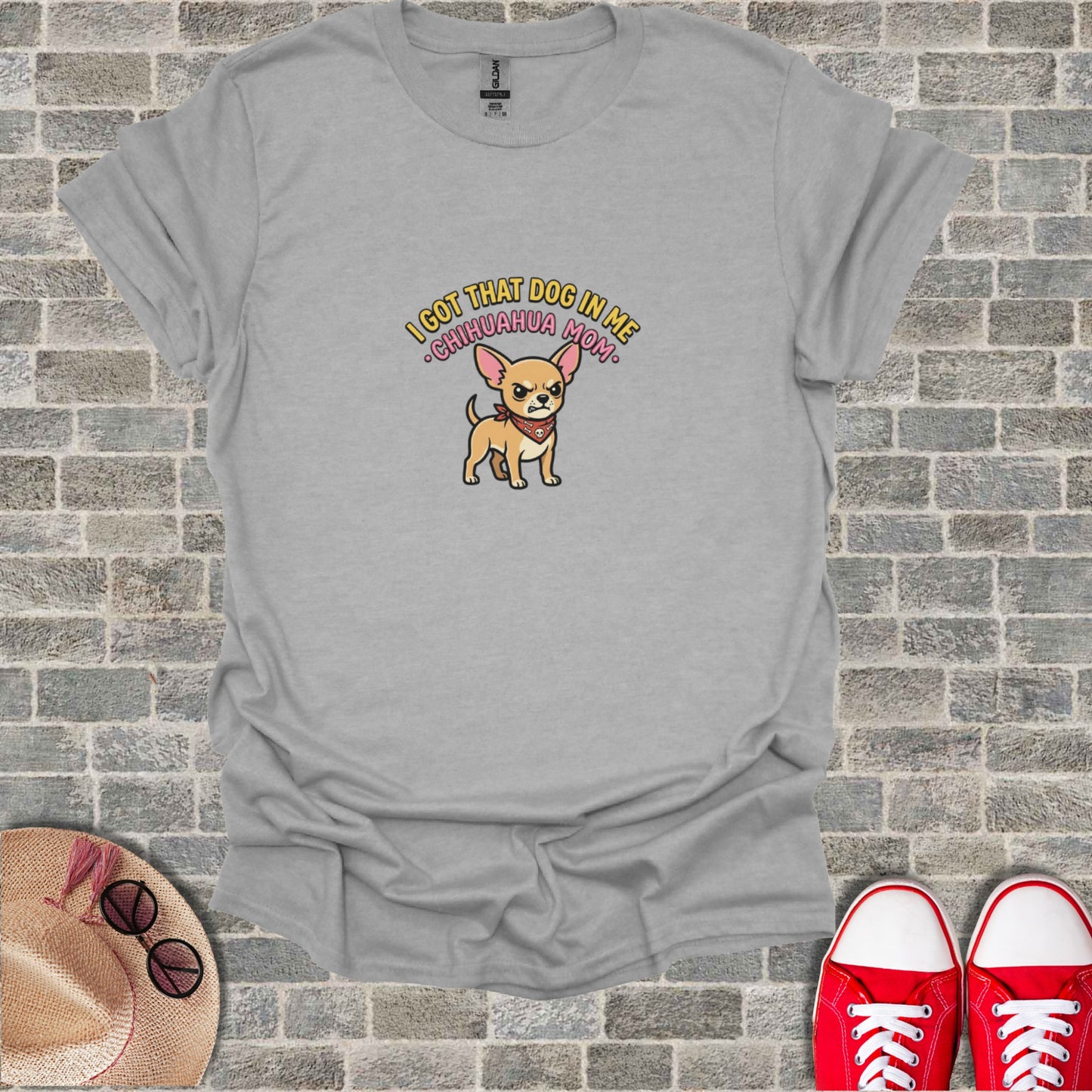 Gray t-shirt with chihuahua wearing bandana and text "I GOT THAT DOG IN ME CHIHUAHUA MOM".