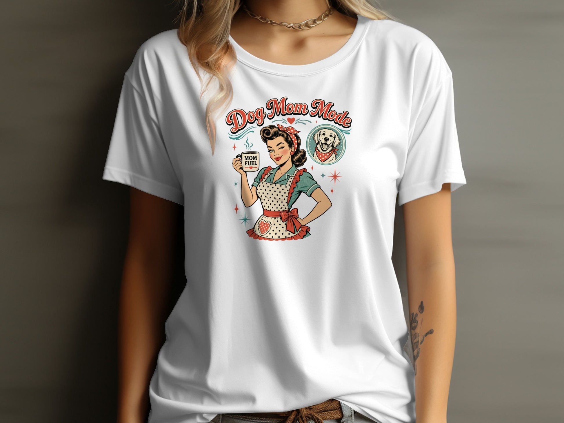 Dog Mom Mode design featuring a retro woman holding a "Mom Fuel" mug and a dog portrait.