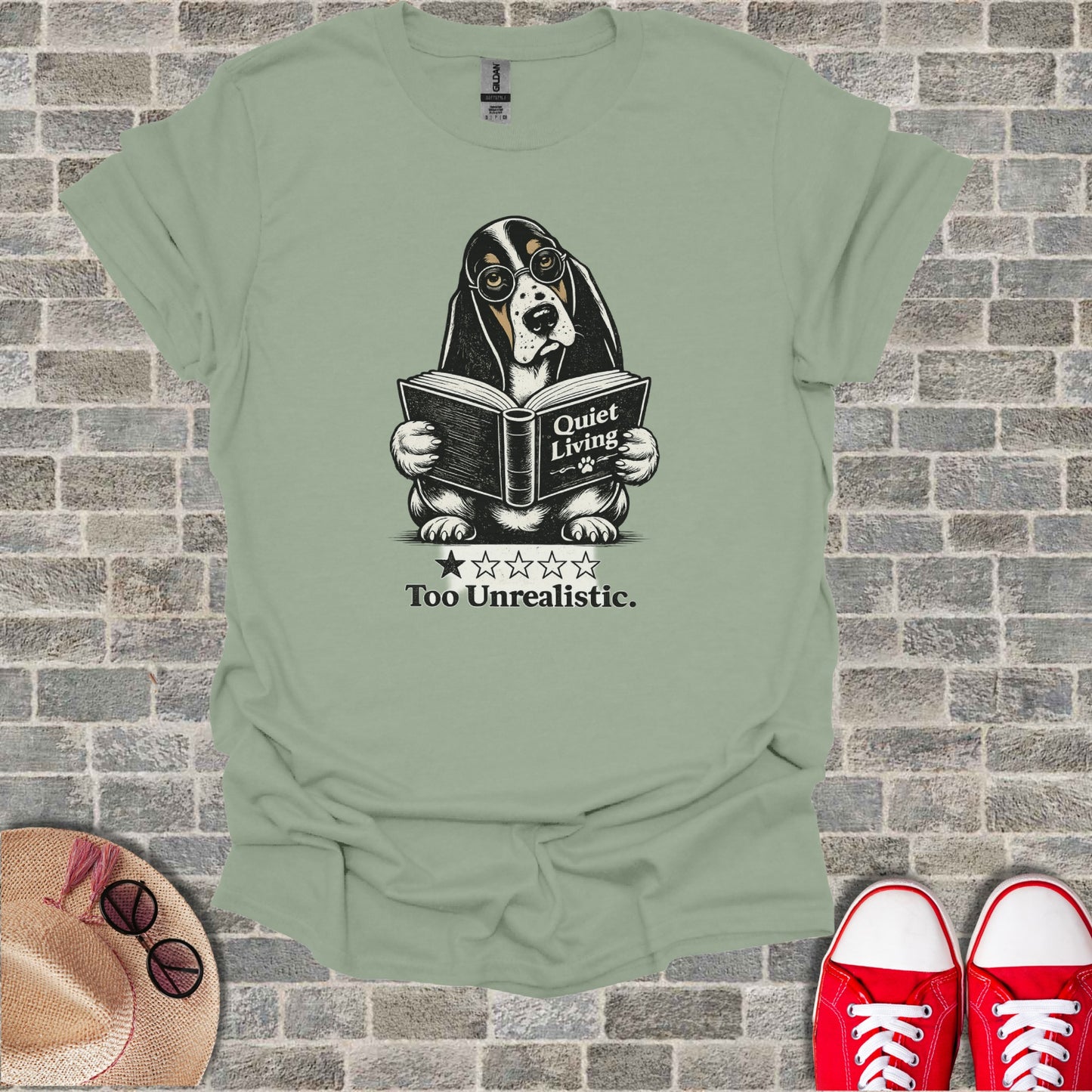 Basset hound wearing glasses reads "Quiet Living Too Unrealistic".