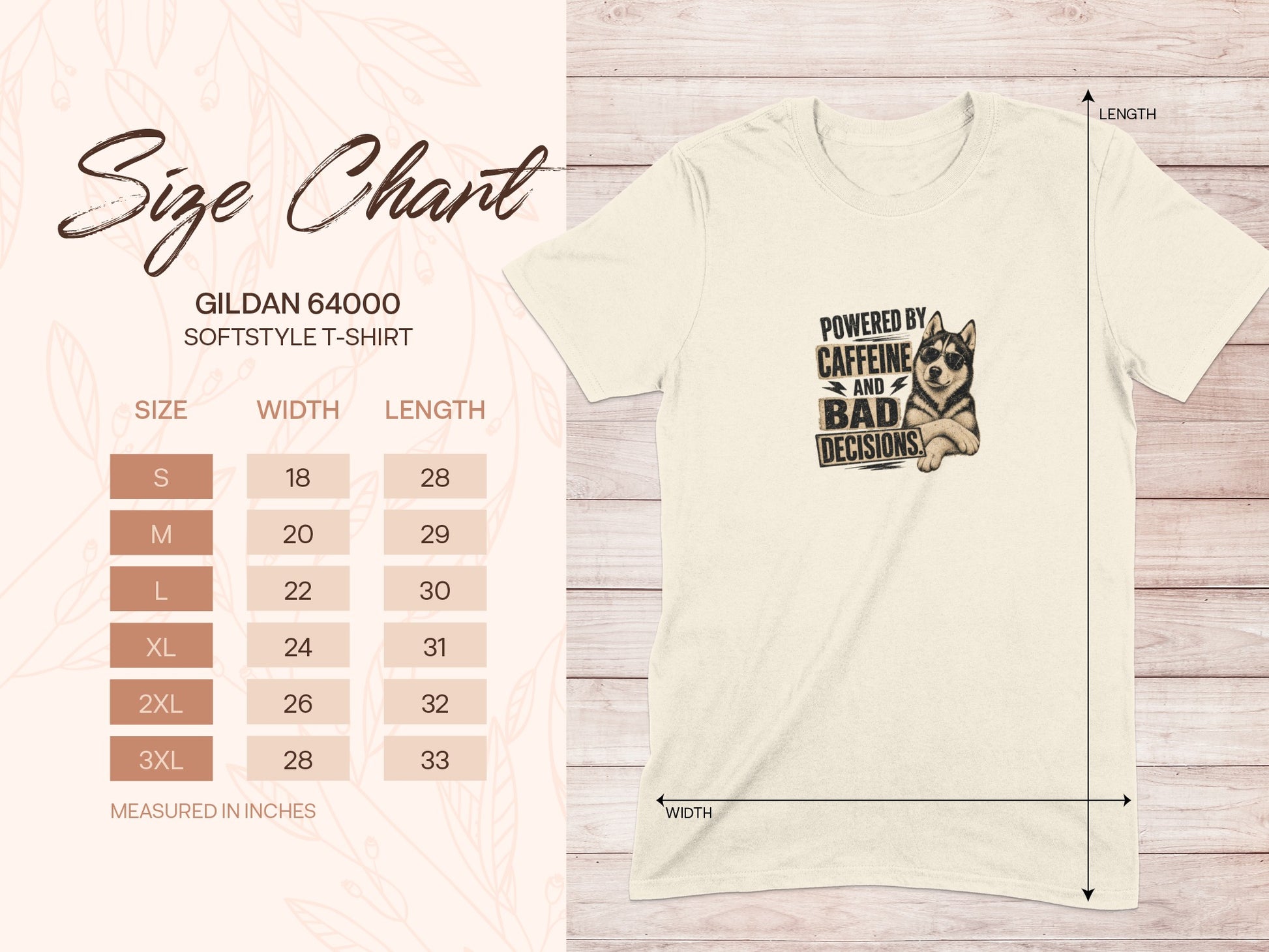 Gildan 64000 size chart showing shirt dimensions for various sizes.