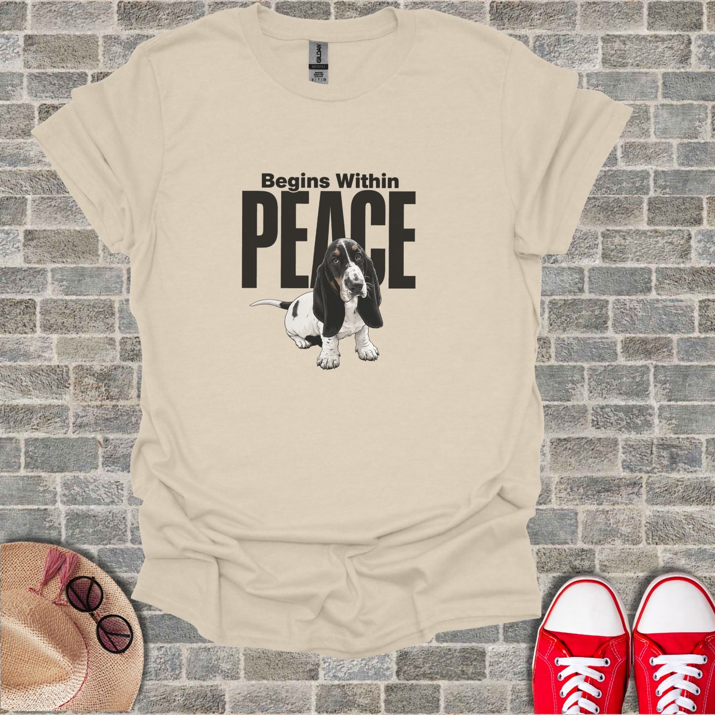 Cream t-shirt with Basset Hound and text "Begins Within PEACE".