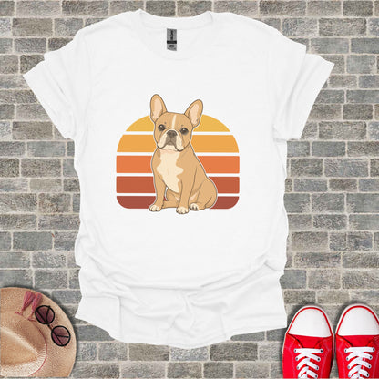 White t-shirt with a graphic of a French bulldog in front of a retro sunset.