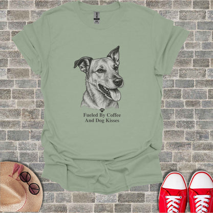 T-shirt with sketch of a dog and the text "Fueled By Coffee And Dog Kisses".