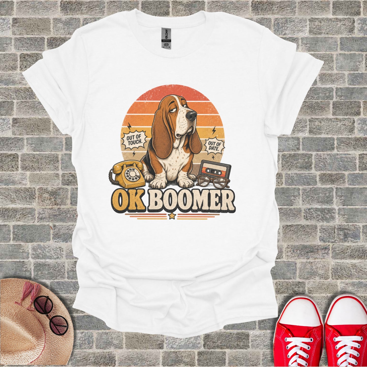 White t-shirt with a distressed "OK Boomer" graphic featuring a basset hound.