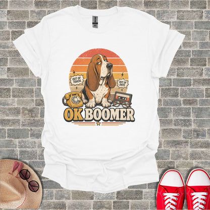 White t-shirt with a distressed "OK Boomer" graphic featuring a basset hound.