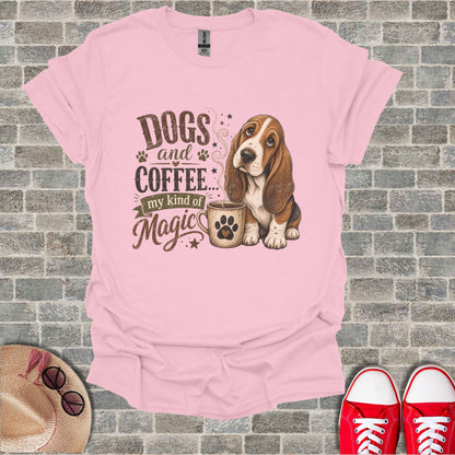 Pink t-shirt with "Dogs and Coffee my kind of Magic" and a Basset Hound.