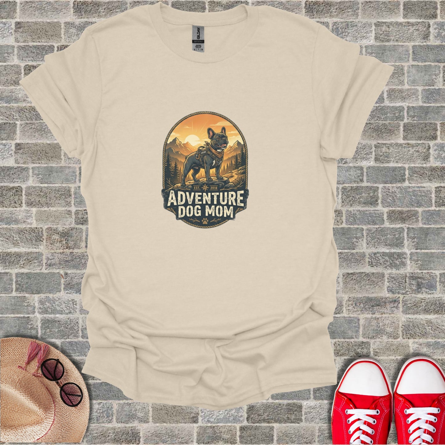 Cream t-shirt with "Adventure Dog Mom" text and a French bulldog graphic.