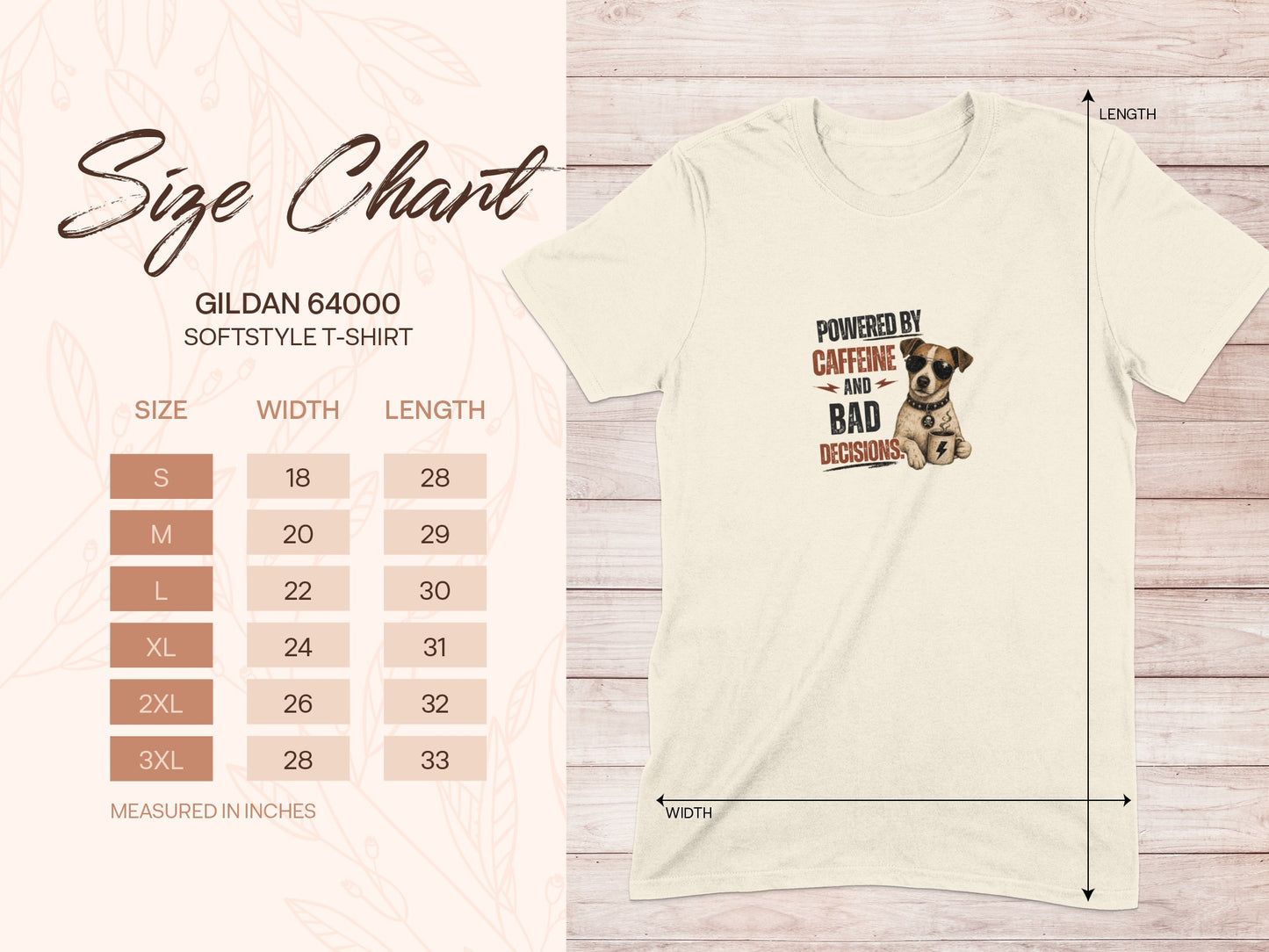 Gildan 64000 t-shirt size chart with measurements and graphic of a dog.