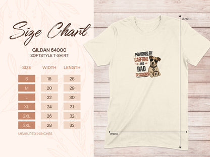 Gildan 64000 t-shirt size chart with measurements and graphic of a dog.
