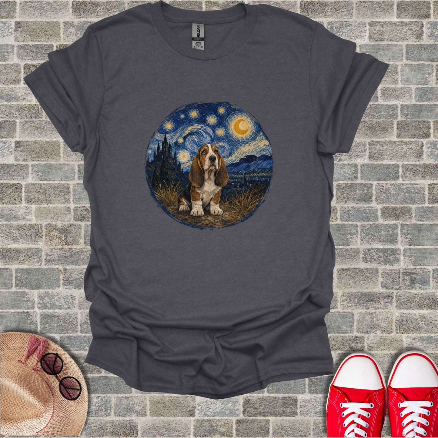 Dark grey t-shirt with a Basset Hound sitting under a starry night sky.