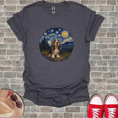 Dark grey t-shirt with a Basset Hound sitting under a starry night sky.