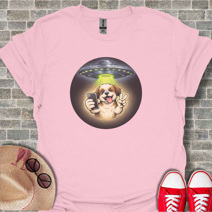 Cute Dog Taking Selfie with UFO Abduction T-Shirt