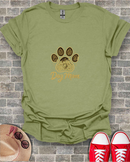 Olive green t-shirt with a gold paw print and "Dog Mom" text.