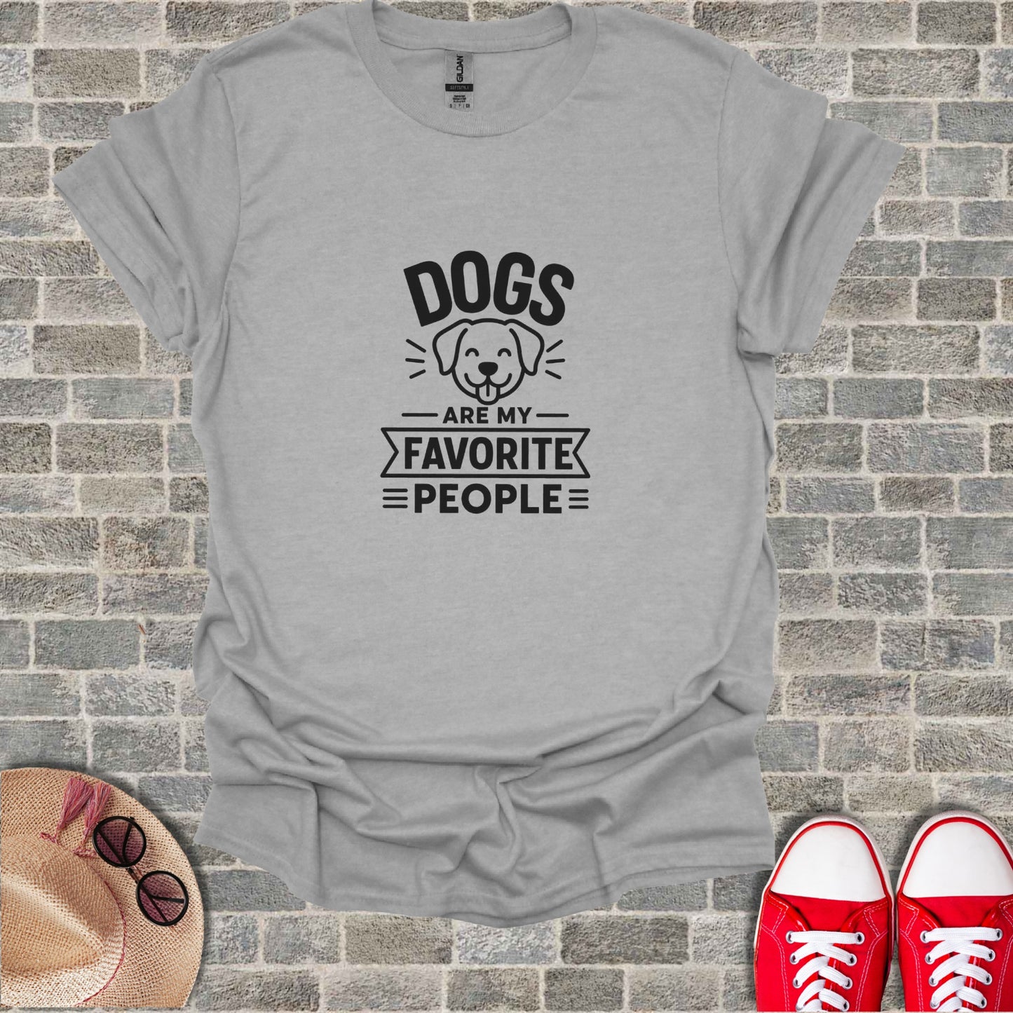 Gray t-shirt with "DOGS ARE MY FAVORITE PEOPLE" text and dog icon.