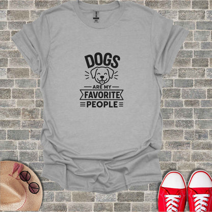 Gray t-shirt with "DOGS ARE MY FAVORITE PEOPLE" text and dog icon.