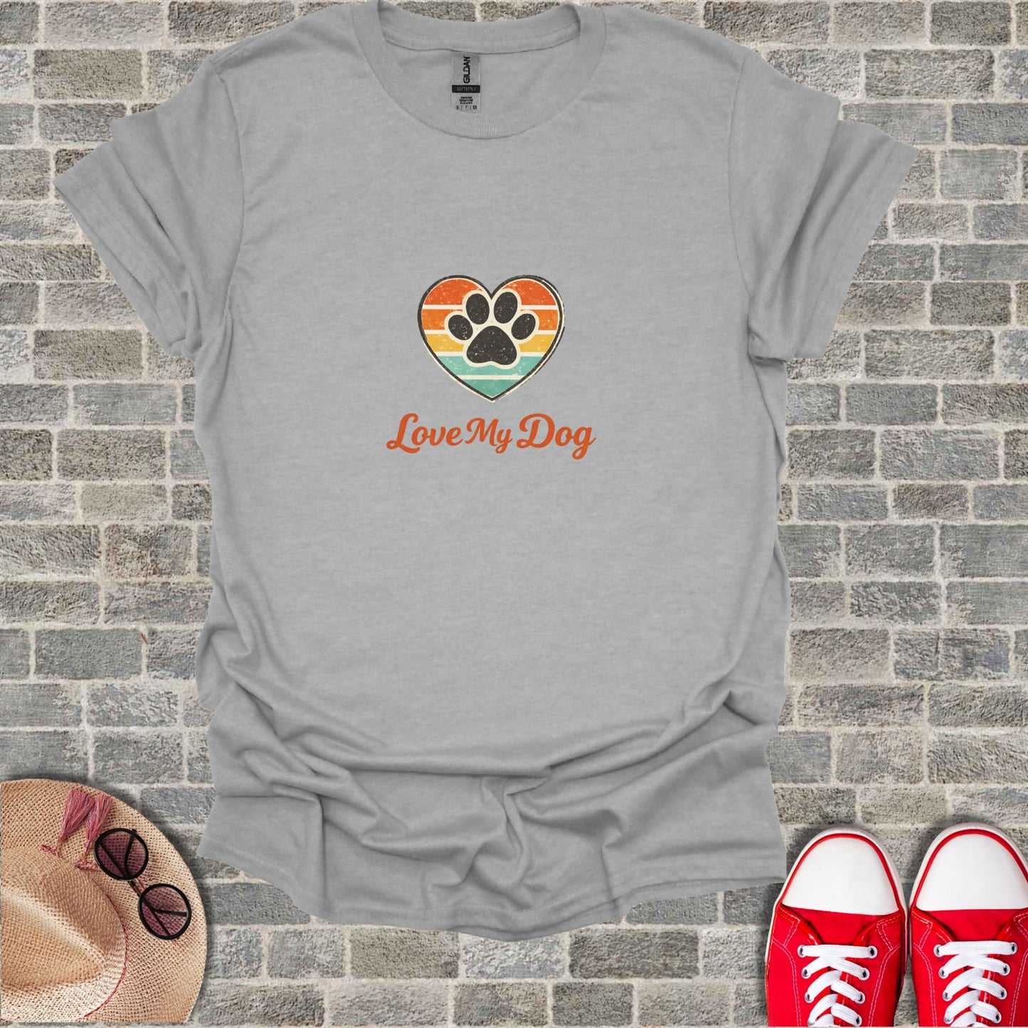 Love My Dog paw print heart striped tee apparel product type