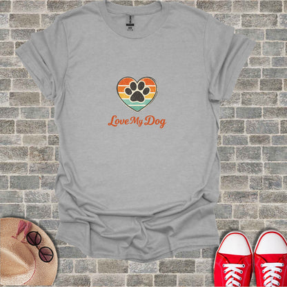 Love My Dog paw print heart striped tee apparel product type