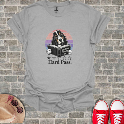 Dog wearing glasses reading a book with "Hard Pass" text.