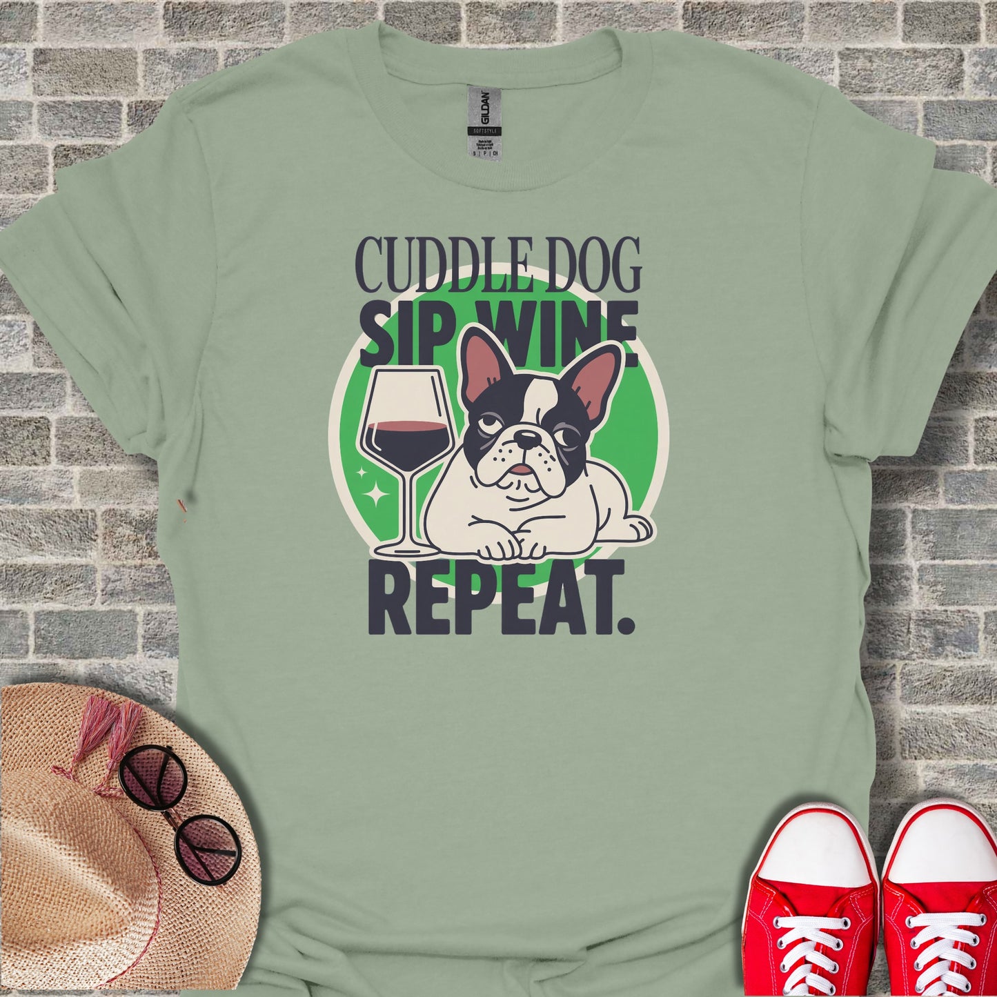 Cuddle Dog Sip Wine Repeat Graphic T-Shirt