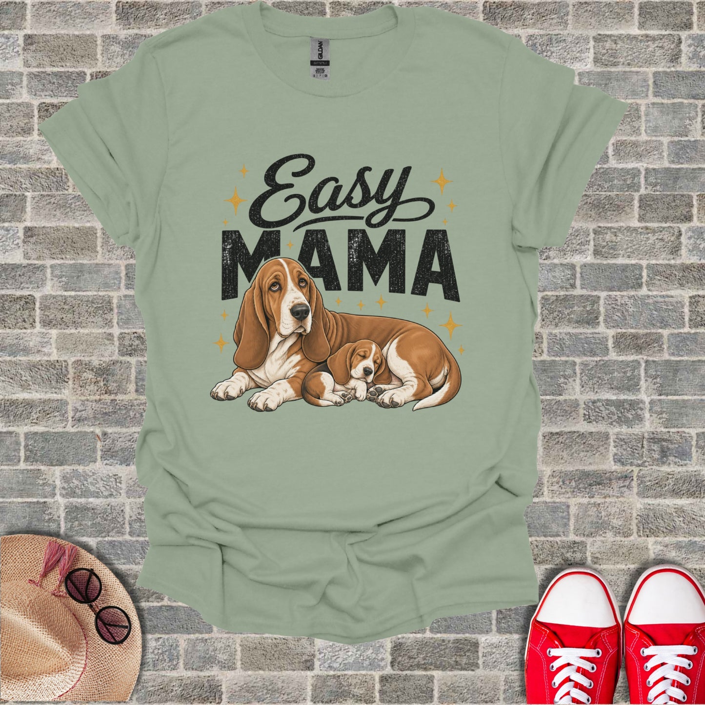 Easy Mama graphic with an adult and puppy Basset Hound on a light green t-shirt.