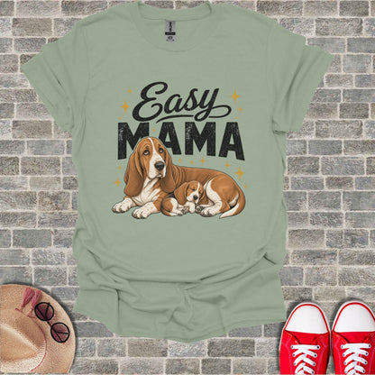 Easy Mama graphic with an adult and puppy Basset Hound on a light green t-shirt.