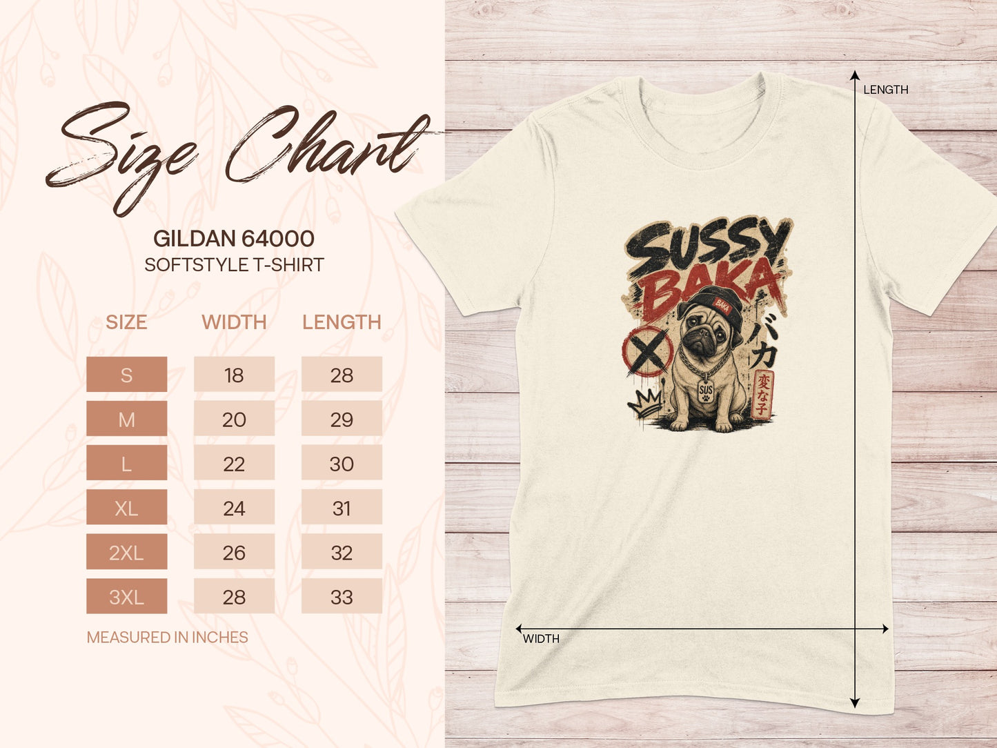 Gildan 64000 size chart for softstyle t-shirts with a "Sussy Baka" graphic.