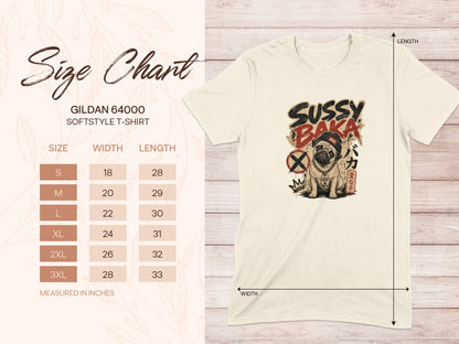 Gildan 64000 size chart for softstyle t-shirts with a "Sussy Baka" graphic.