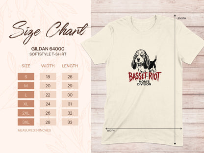 Gildan 64000 T-shirt size chart with measurements and Basset Riot graphic.